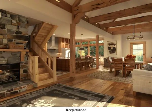 Modern Cabin Living Room with Exposed Beams