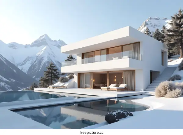 Modern Mountaintop Villa with Infinity Pool in Winter