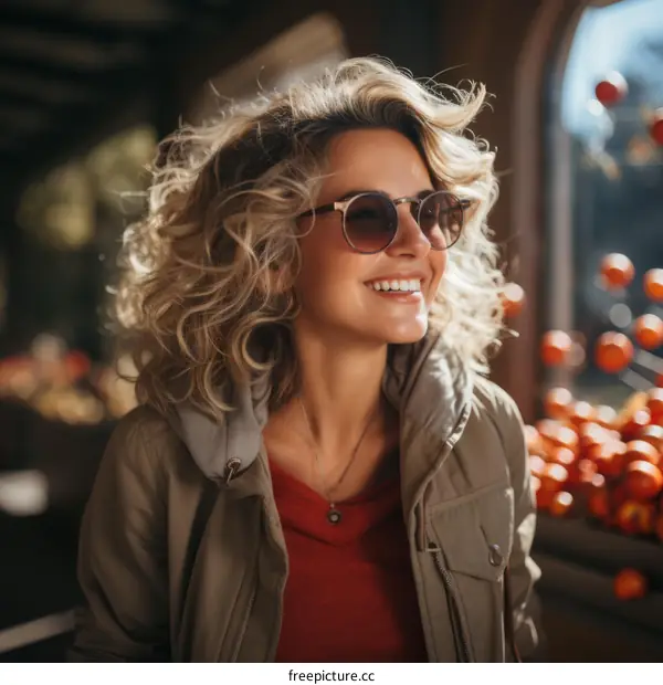 Portrait of a smiling woman with curly hair wearing sunglasses