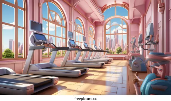 Pink and white gym interior with treadmills and exercise bikes