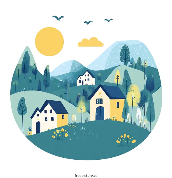 Cute Cartoon Village Illustration With Sun and Mountains