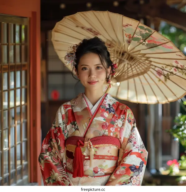 Portrait of a Japanese woman wearing a kimono
