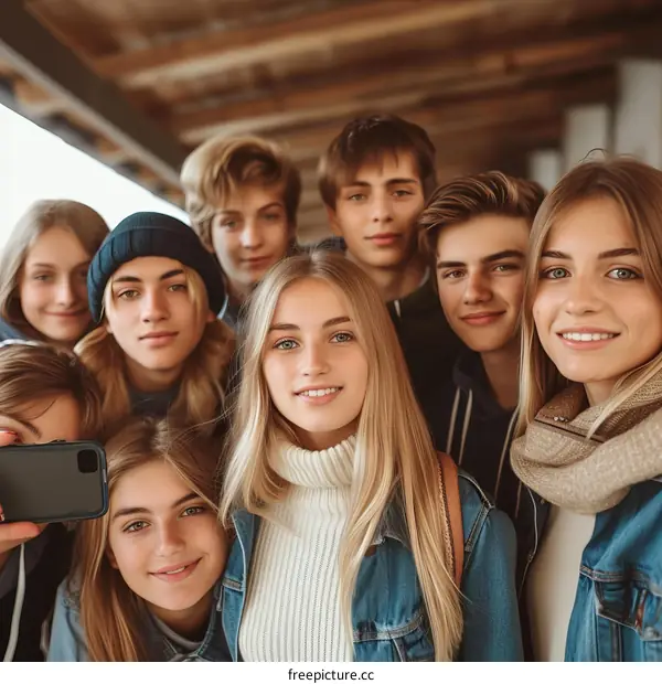 A group of happy teenage friends taking a selfie together