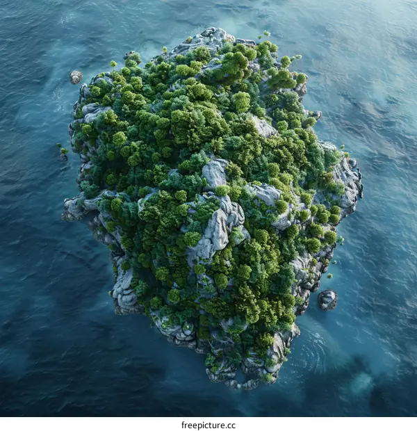 The small island is covered with green vegetation and surrounded by blue sea