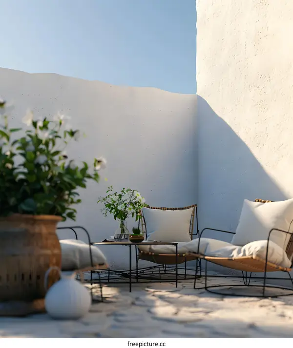 Minimalist Patio with White Walls and Wicker Chairs