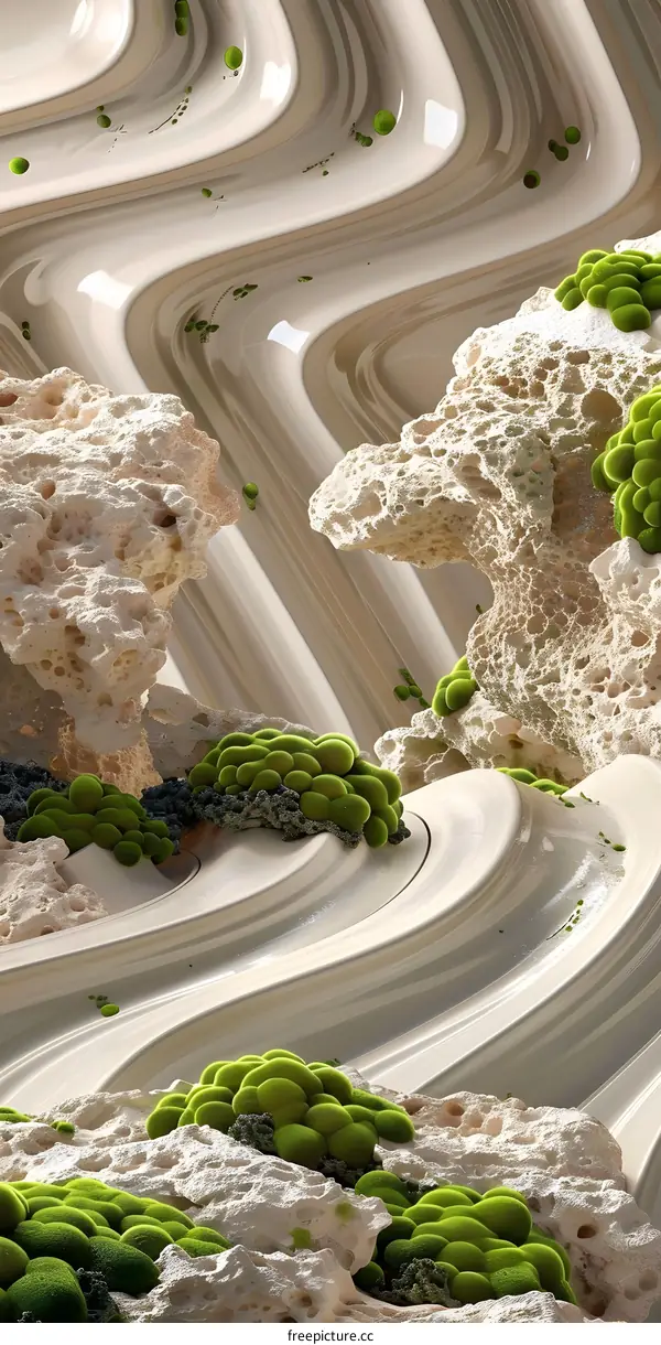 Abstract 3D Digital Art With Green Moss And White Rocks