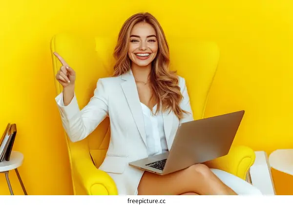 Business Woman Working on Laptop in Yellow Setting