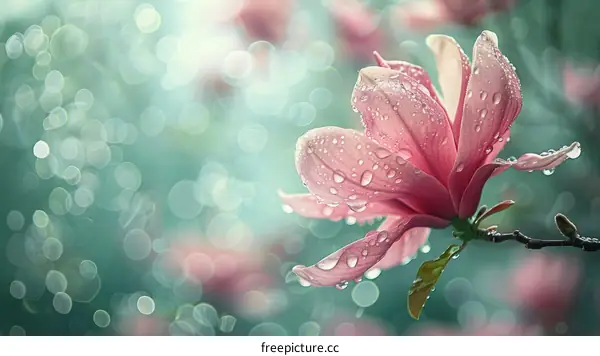Close-up of a pink magnolia flower with water drops on its petals