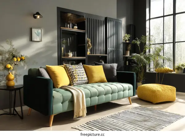 Modern Living Room Interior Design with Green Sofa
