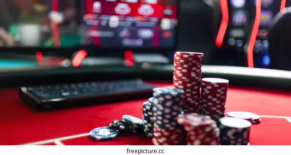 Stacks of casino chips with a blurred background of a computer and keyboard