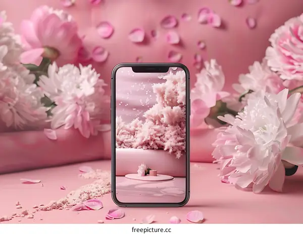 Pink Flowers and a Smartphone with a Pink Background
