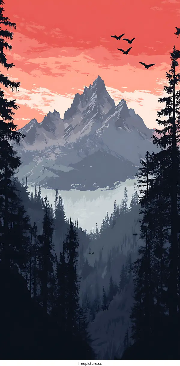 Majestic Mountain Range Illustration With Silhouettes of Trees and Birds