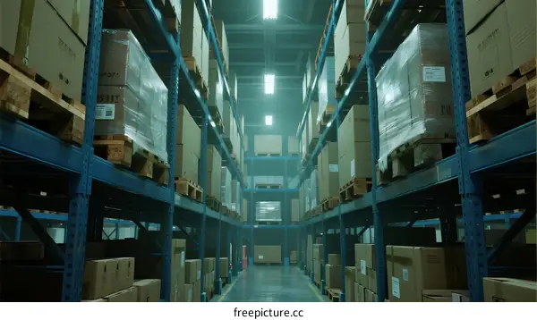 Large warehouse with neatly arranged shelves full of boxes