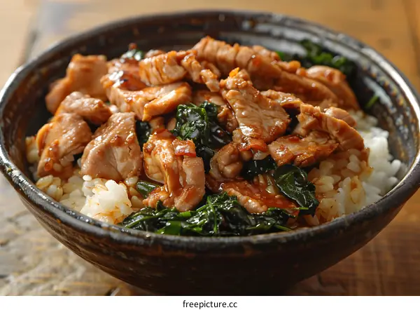 A bowl of rice topped with pork and vegetables