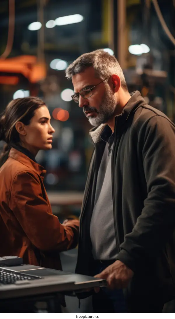 Two people in a factory looking at a laptop