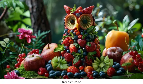 A whimsical owl sculpture made of fruits and berries