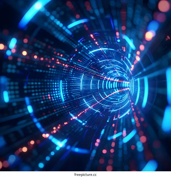 Abstract Digital Tunnel With Blue And Red Lights
