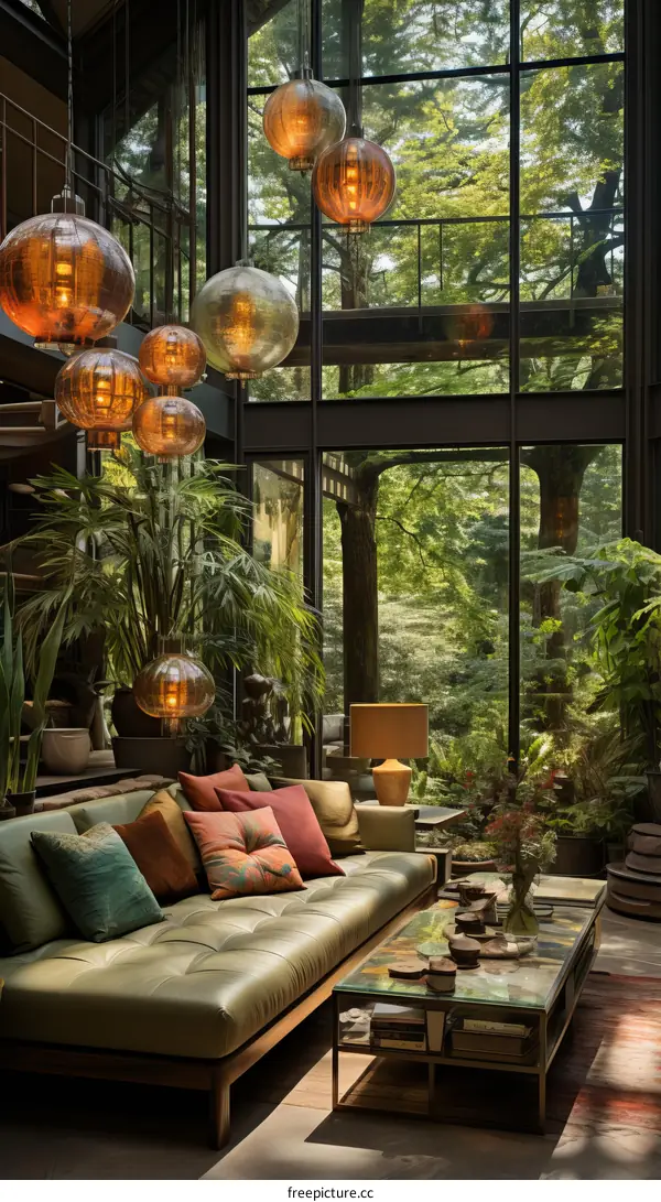 Modern living room interior with large windows and green plants