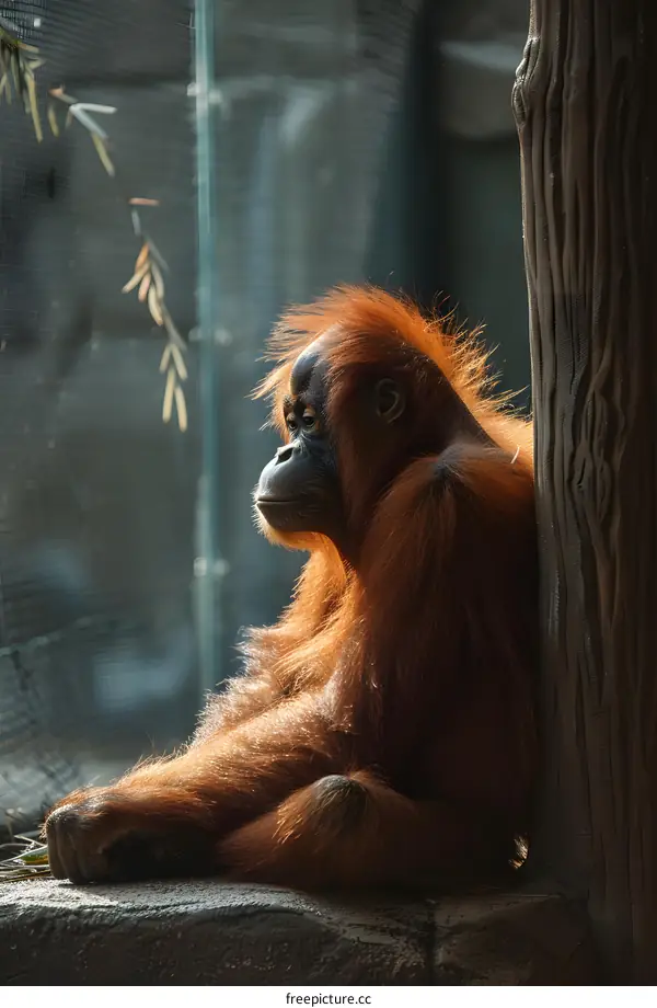 Orangutan Sitting Beside A Tree Trunk