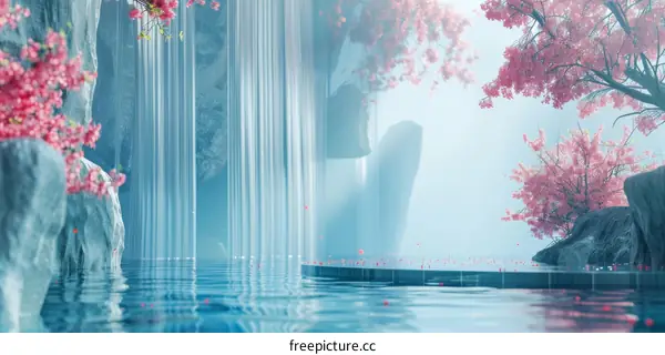 Chinese Traditional Landscape Painting of Peach Blossoms and Flowing Water