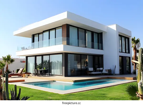 Modern Luxury Villa with Swimming Pool and Green Lawn