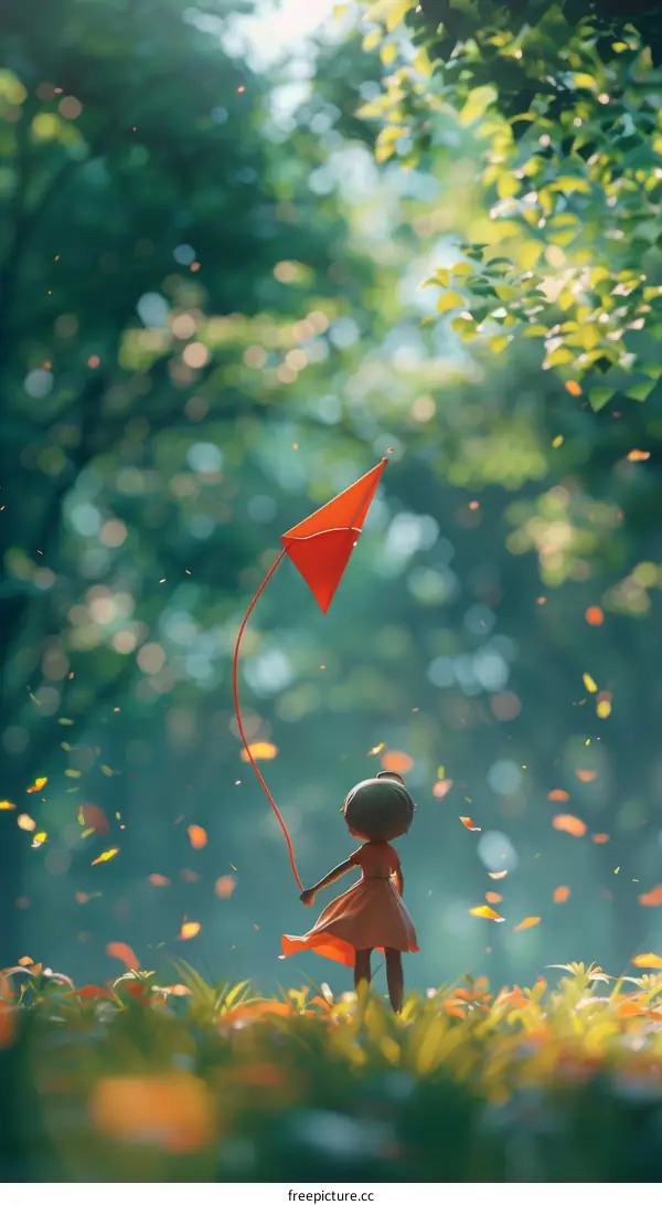 Little girl flying a kite in the forest