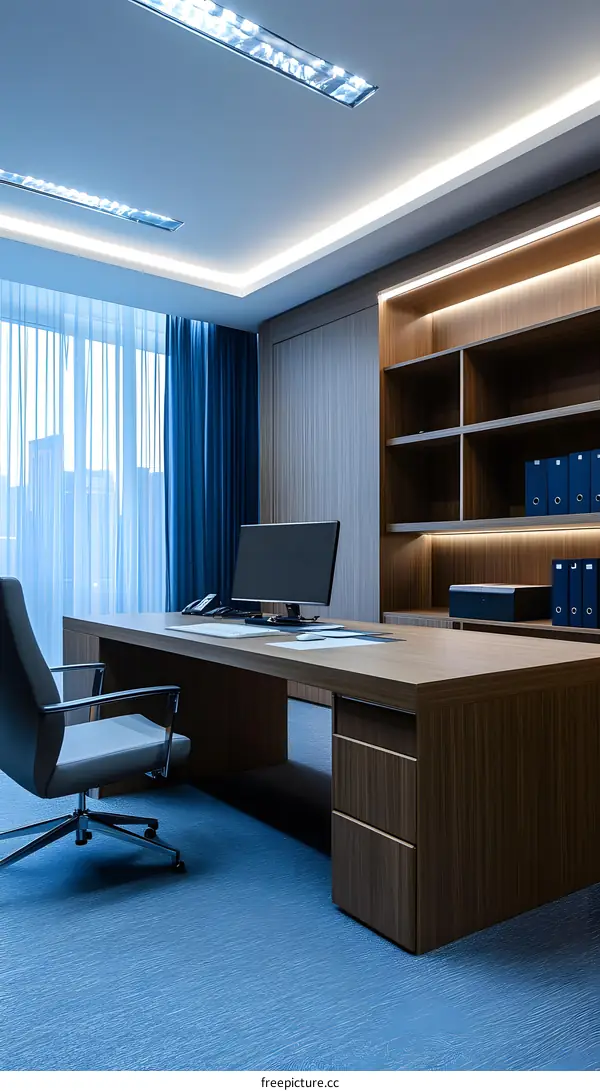 Modern Office Interior Design with Wooden Desk, Chair, and Built-in Shelves