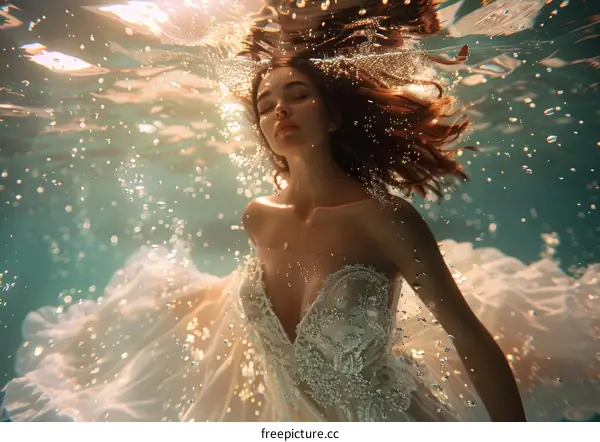 An underwater photo of a woman wearing a white dress