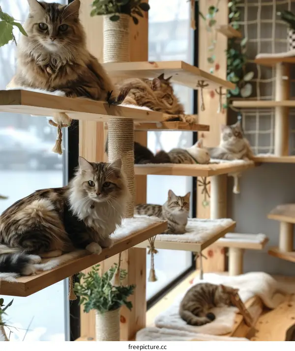 A group of cats relaxing on a cat tree