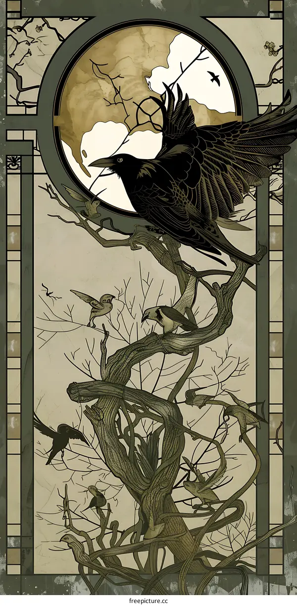 Illustration of a Black Crow in a Tree