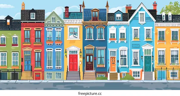 Colorful Row Houses with Green Doors and Windows