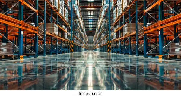 Warehouse interior with shelves full of neatly arranged boxes
