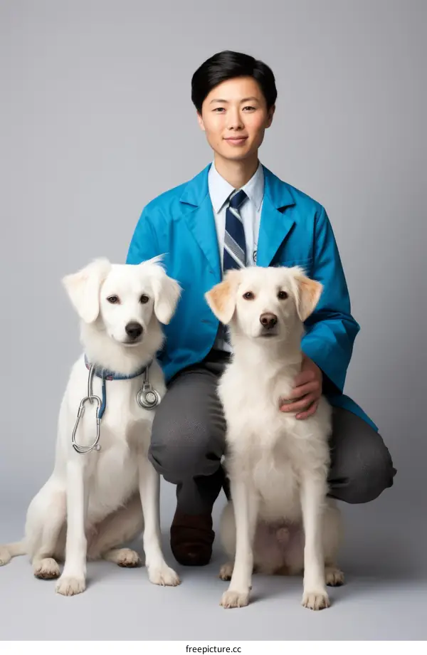 Asian veterinarian with two white dogs