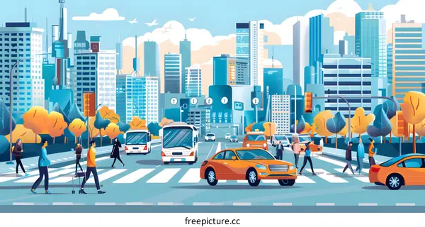 Cityscape Illustration with People Crossing the Street