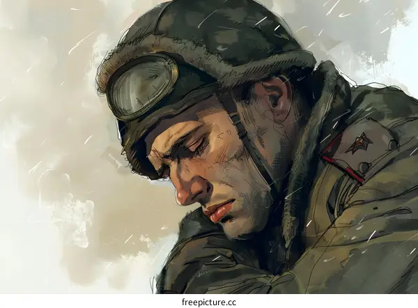 Portrait of a young soldier wearing a military helmet