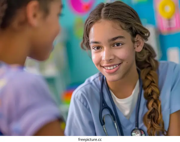 Hispanic female doctor smiling at patient