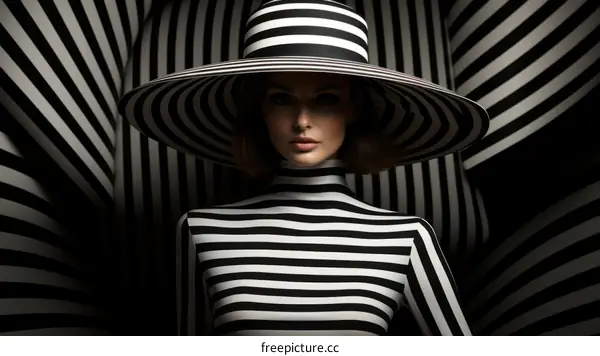 portrait of a woman wearing a black and white striped hat and turtleneck