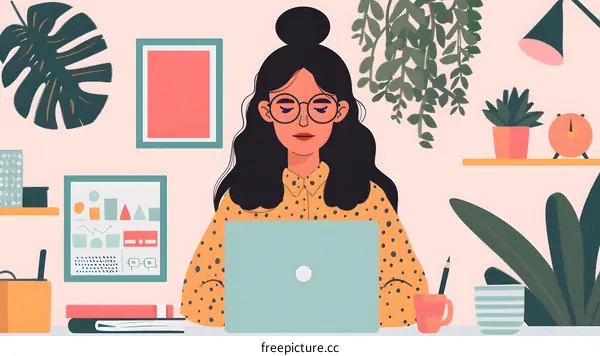 Woman Working from Home Office with Plants and Laptop