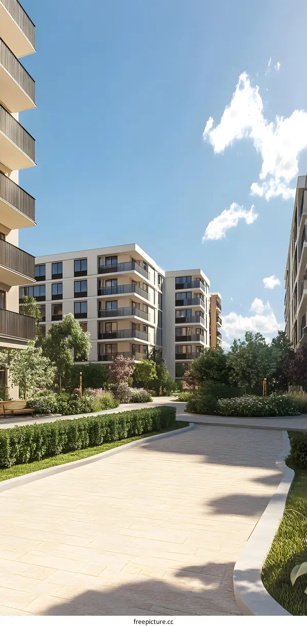 Modern Apartment Building Complex with Lush Greenery