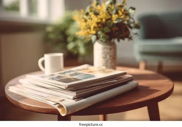 Cozy Living Room Coffee Table with Magazines and Flowers
