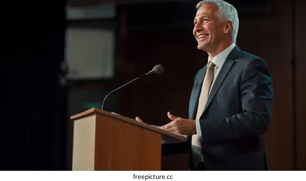 Smiling Businessman Giving a Speech at a Podium