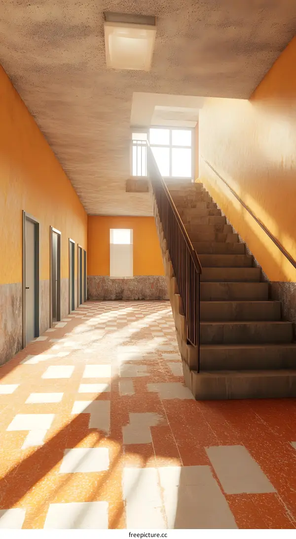 Staircase in an Old Building with Orange Walls
