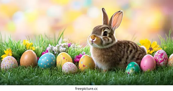 Adorable Easter Bunny surrounded by colorful eggs