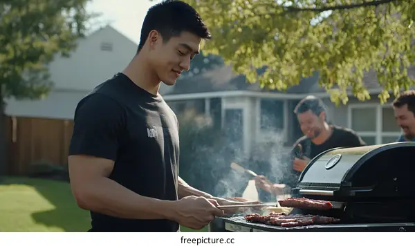 Man Grilling Meat for Friends at Backyard Barbeque