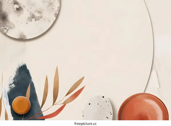 Beige Background with Abstract Shapes and Leaf