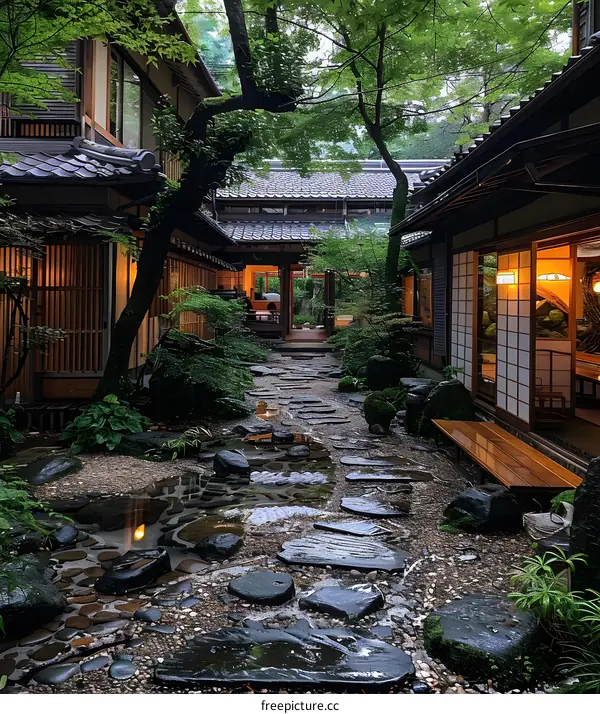 Stone Path Leading Through Japanese Garden