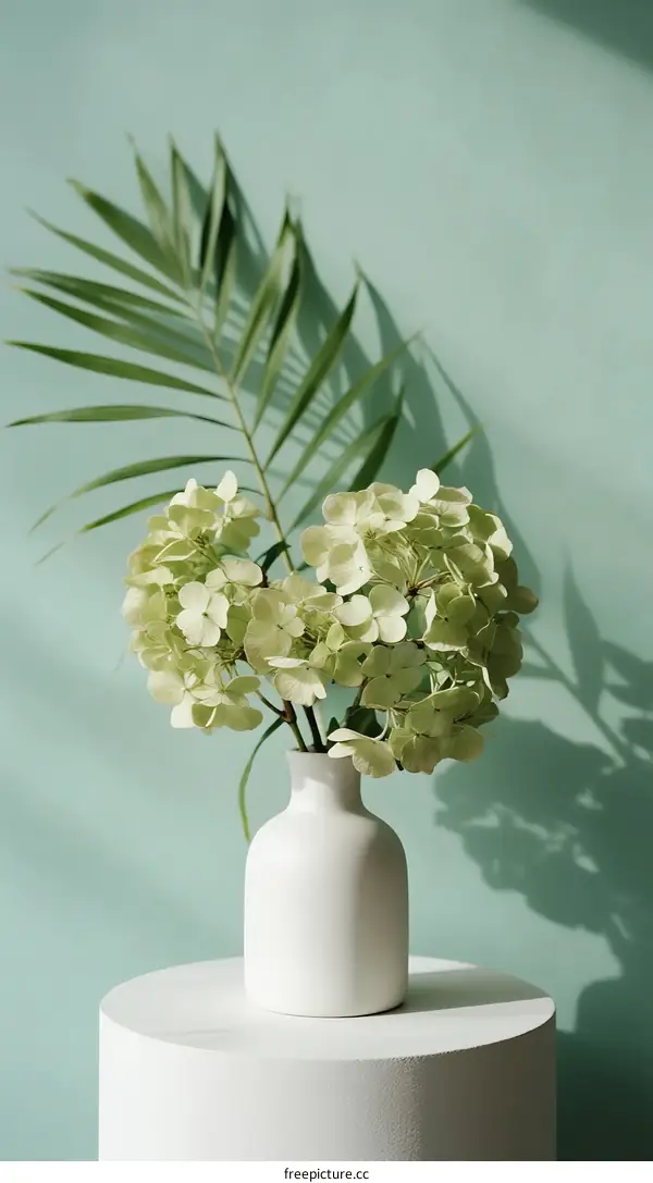 Elegant White Hydrangea Flowers with Green Leaf in Ceramic Vase