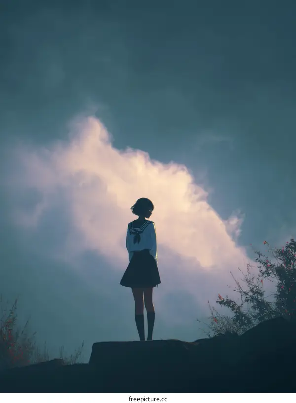 A solitary schoolgirl silhouette against a dramatic sky