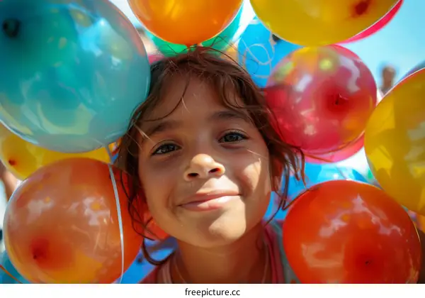 Little girl surrounded by colorful balloons
