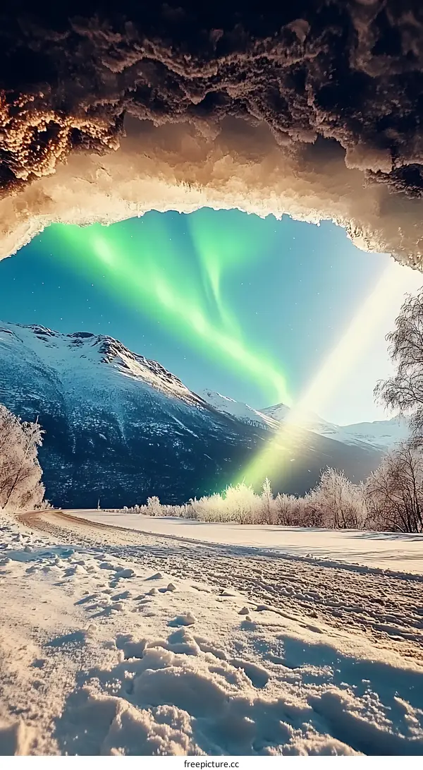 Northern Lights Display Over Snowy Mountains